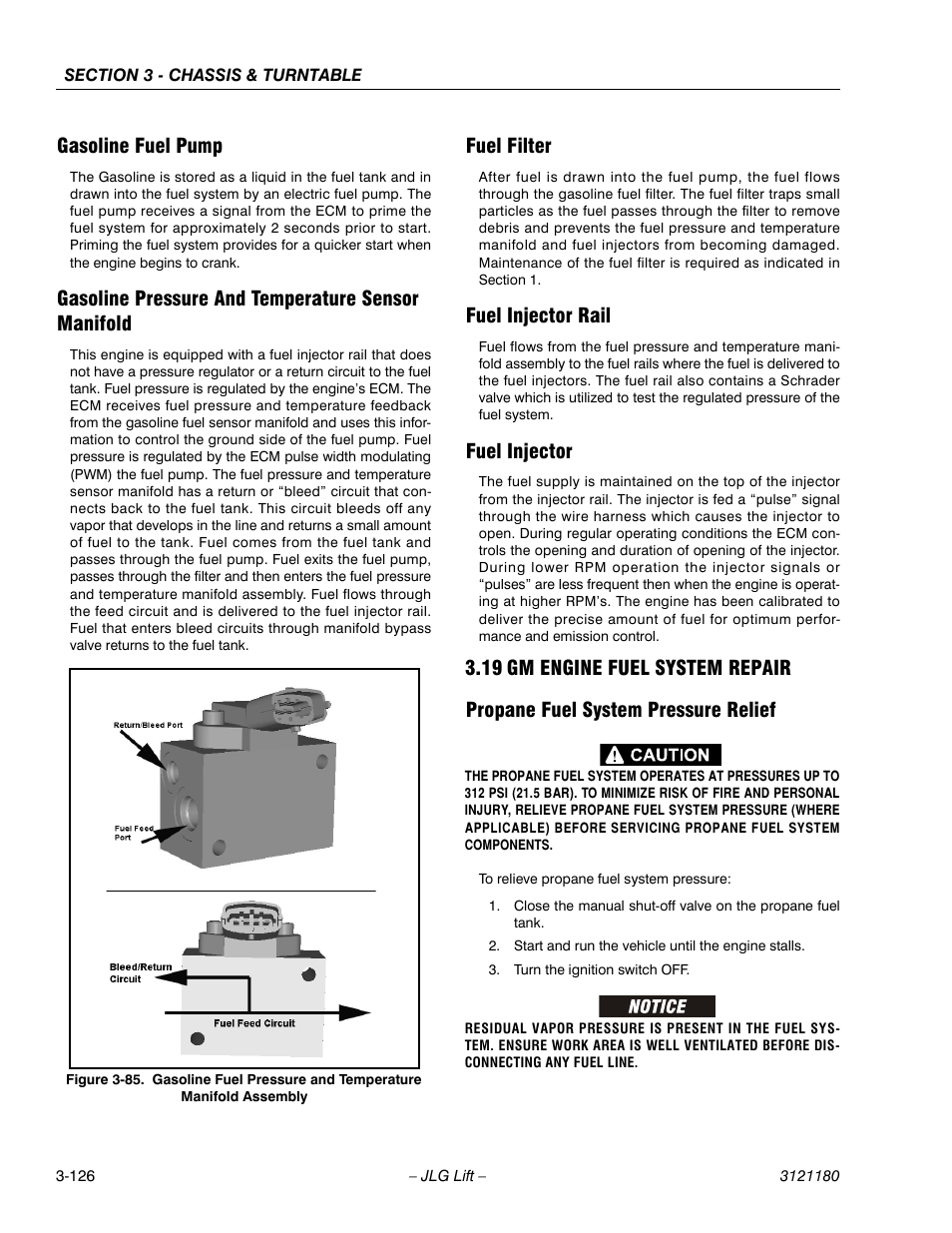 Gasoline fuel pump, Gasoline pressure and temperature sensor manifold, Fuel filter | Fuel injector rail, Fuel injector, 19 gm engine fuel system repair, Propane fuel system pressure relief, Gm engine fuel system repair -126, Propane fuel system pressure relief -126 | JLG 450A_AJ Series II Service Manual User Manual | Page 176 / 472