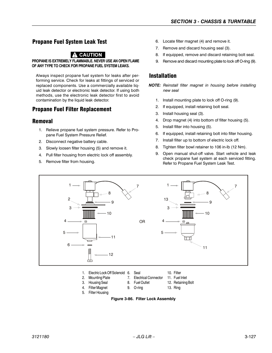 Propane fuel system leak test, Propane fuel filter replacement, Removal | Installation, Filter lock assembly -127, Propane fuel filter replacement removal | JLG 450A_AJ Series II Service Manual User Manual | Page 177 / 472
