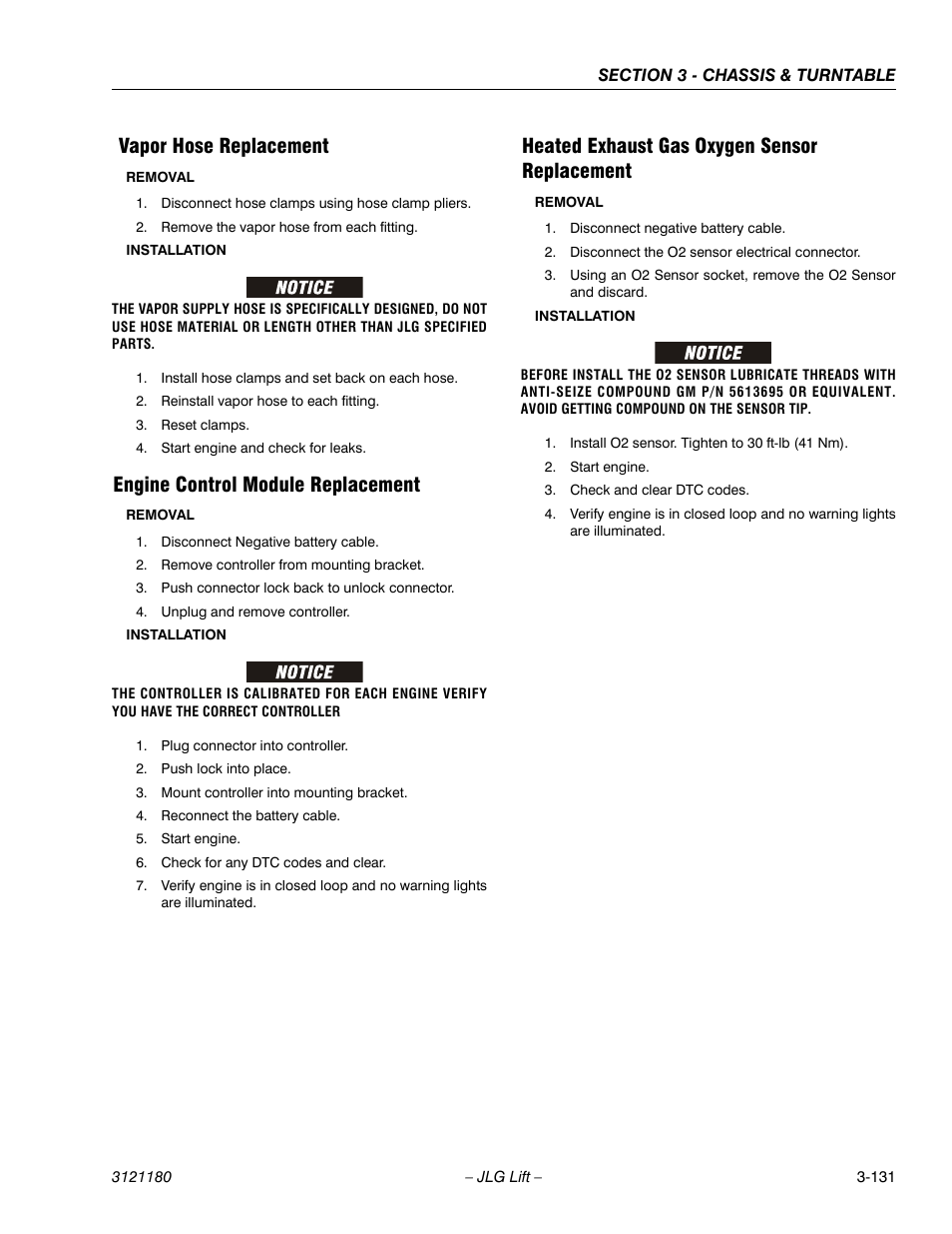Vapor hose replacement, Engine control module replacement, Heated exhaust gas oxygen sensor replacement | JLG 450A_AJ Series II Service Manual User Manual | Page 181 / 472