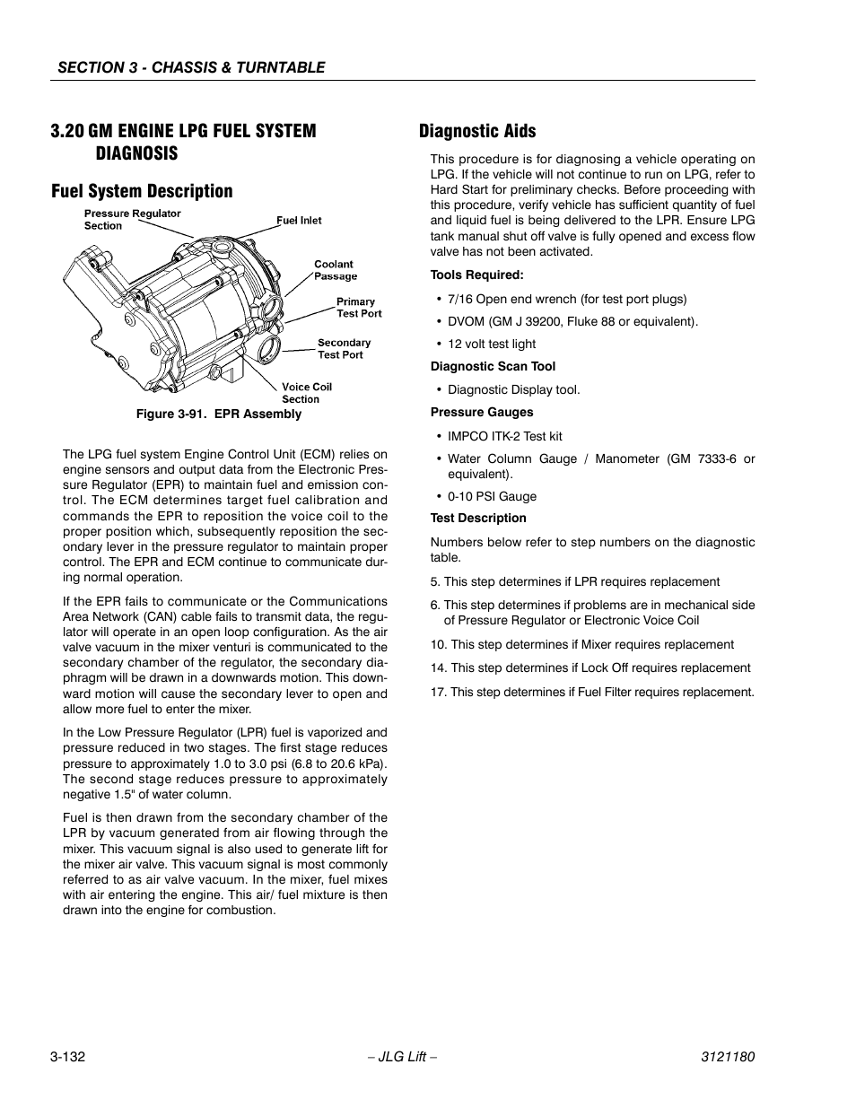 20 gm engine lpg fuel system diagnosis, Fuel system description, Diagnostic aids | Gm engine lpg fuel system diagnosis -132, Fuel system description -132 diagnostic aids -132, Epr assembly -132 | JLG 450A_AJ Series II Service Manual User Manual | Page 182 / 472