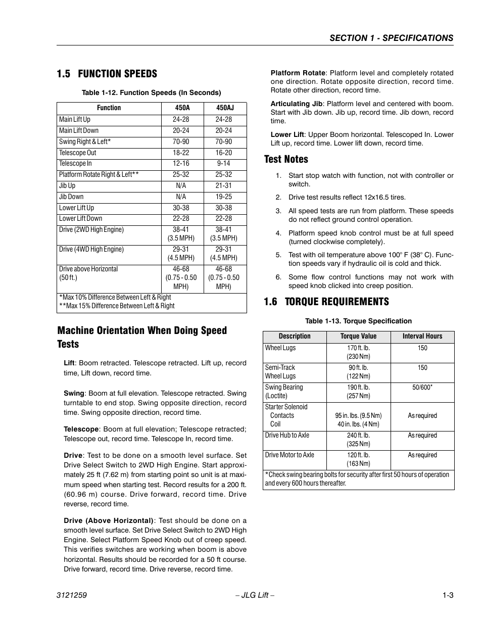 5 function speeds, Machine orientation when doing speed tests, Test notes | 6 torque requirements, Function speeds -3, Torque requirements -3, Function speeds (in seconds) -3, Torque specification -3 | JLG 450A_AJ Series II Service Manual User Manual | Page 19 / 472