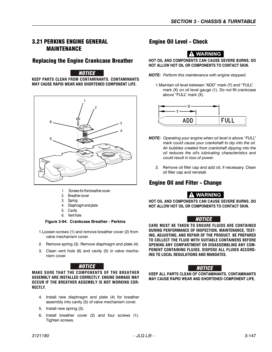 21 perkins engine general maintenance, Replacing the engine crankcase breather, Engine oil level - check | Engine oil and filter - change, Perkins engine general maintenance -147, Crankcase breather - perkins -147 | JLG 450A_AJ Series II Service Manual User Manual | Page 197 / 472