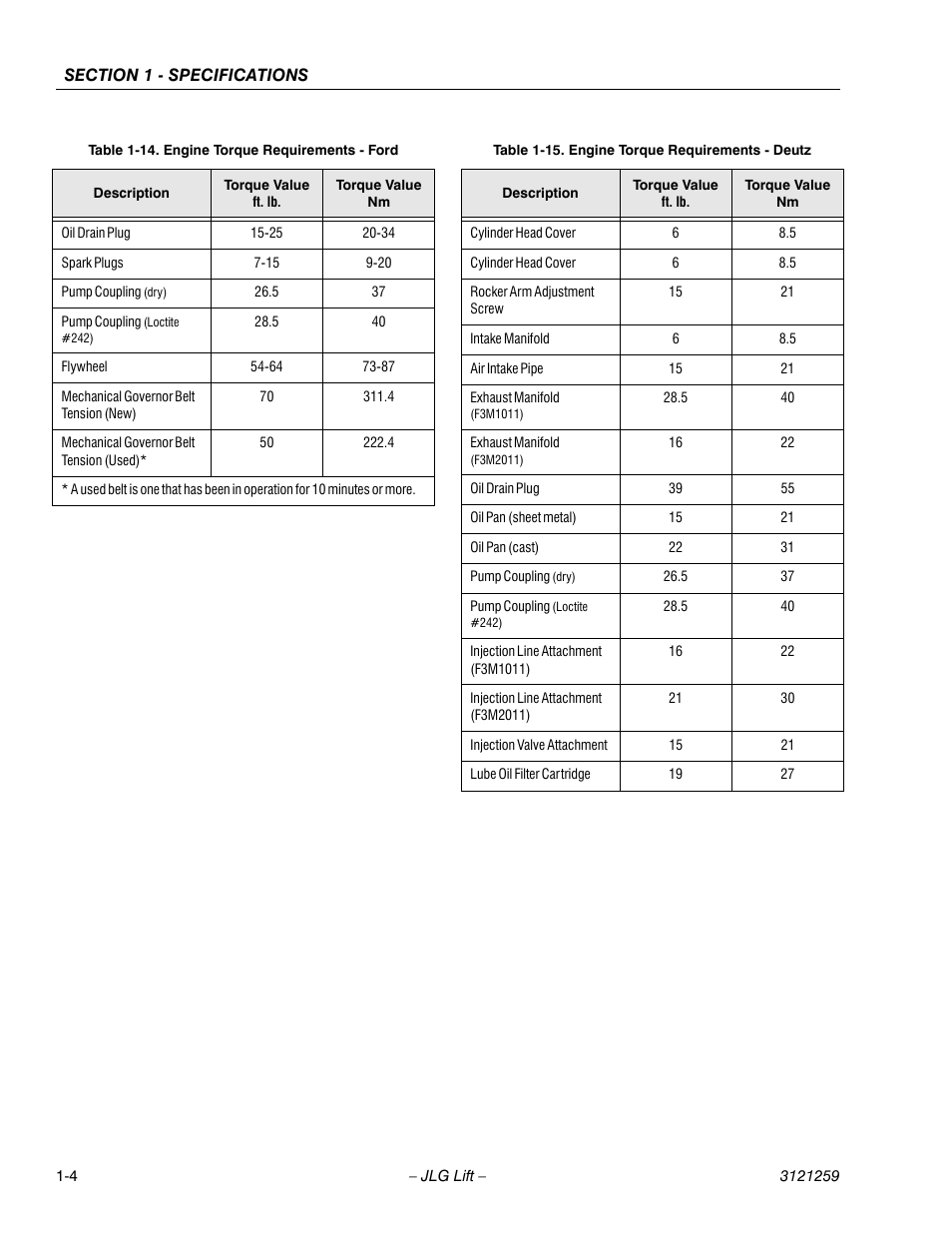 Engine torque requirements - ford -4, Engine torque requirements - deutz -4 | JLG 450A_AJ Series II Service Manual User Manual | Page 20 / 472