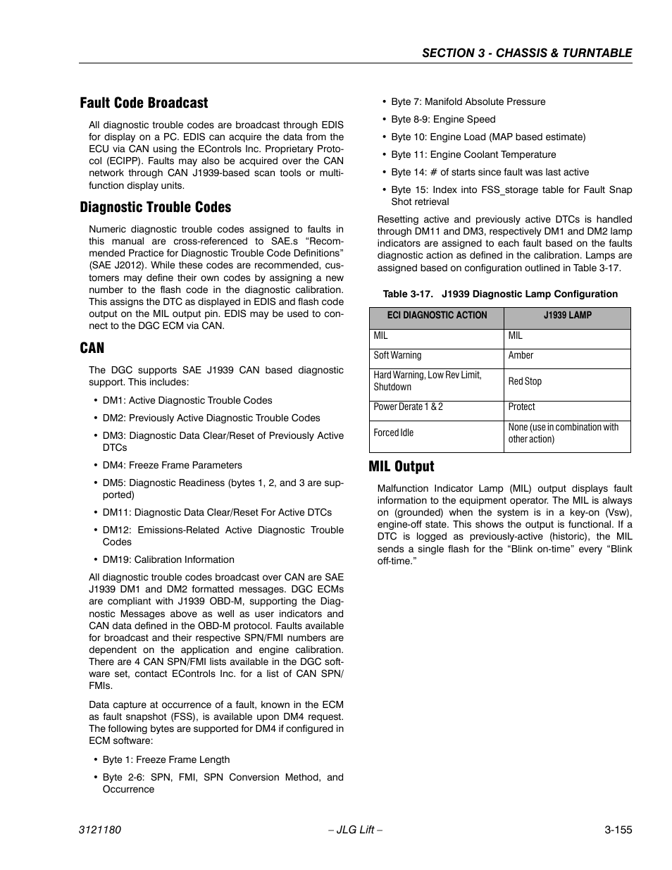 Fault code broadcast, Diagnostic trouble codes, Mil output | J1939 diagnostic lamp configuration -155 | JLG 450A_AJ Series II Service Manual User Manual | Page 205 / 472