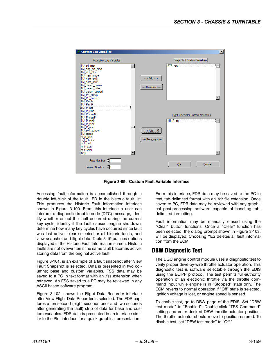 Dbw diagnostic test, Dbw diagnostic test -159, Custom fault variable interface -159 | JLG 450A_AJ Series II Service Manual User Manual | Page 209 / 472