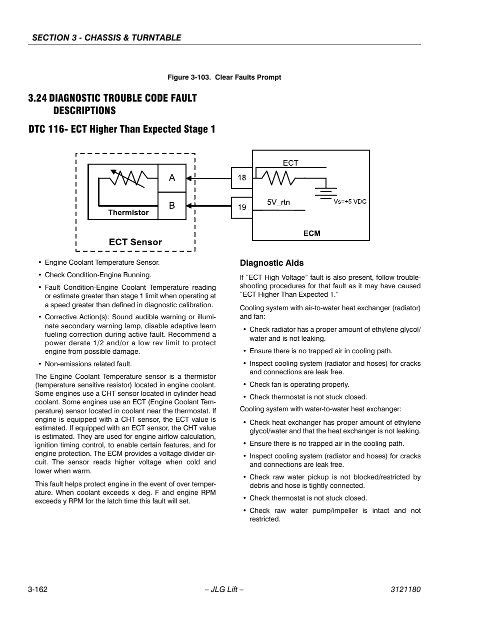 24 diagnostic trouble code fault descriptions, Dtc 116- ect higher than expected stage 1, Diagnostic trouble code fault descriptions -162 | Dtc 116- ect higher than expected stage 1 -162, 103. clear faults prompt -162, Figure 3-103 | JLG 450A_AJ Series II Service Manual User Manual | Page 212 / 472