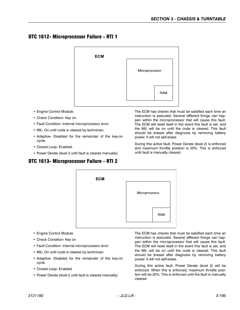Dtc 1612- microprocessor failure - rti 1, Dtc 1613- microprocessor failure - rti 2 | JLG 450A_AJ Series II Service Manual User Manual | Page 245 / 472