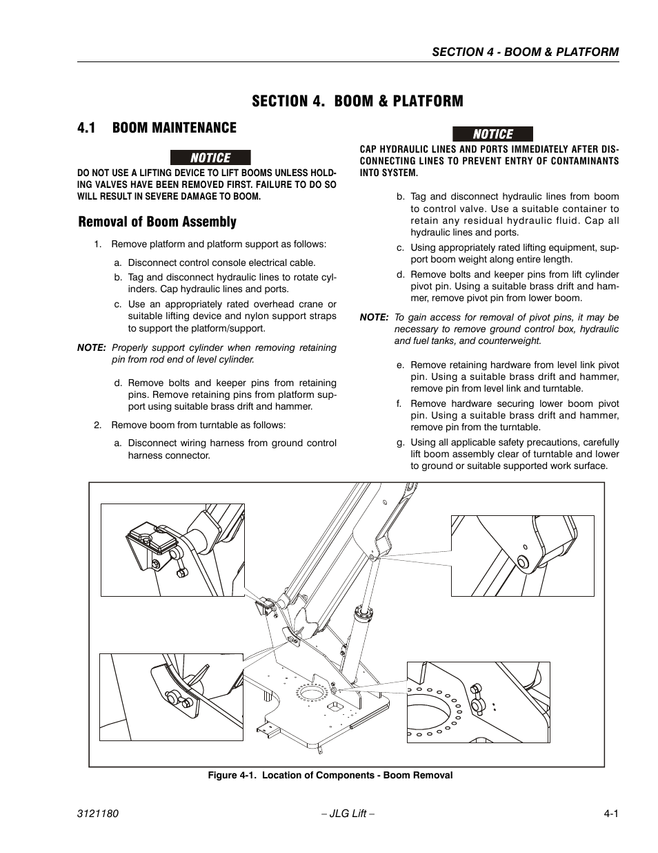 Section 4. boom & platform, 1 boom maintenance, Removal of boom assembly | Section 4 - boom & platform, Boom maintenance -1, Removal of boom assembly -1, Location of components - boom removal -1 | JLG 450A_AJ Series II Service Manual User Manual | Page 267 / 472