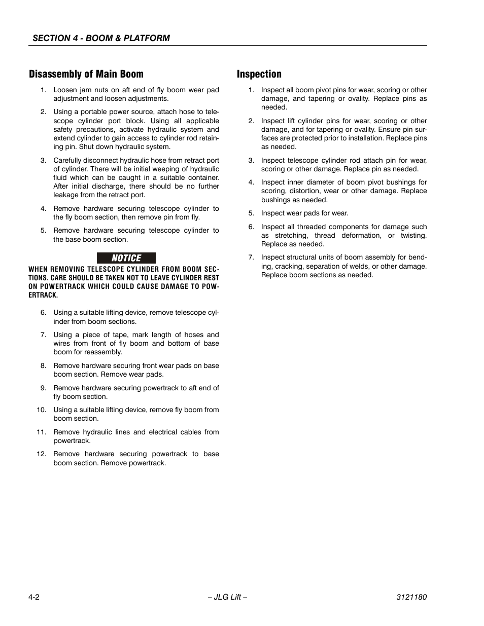 Disassembly of main boom, Inspection, Disassembly of main boom -2 inspection -2 | JLG 450A_AJ Series II Service Manual User Manual | Page 268 / 472