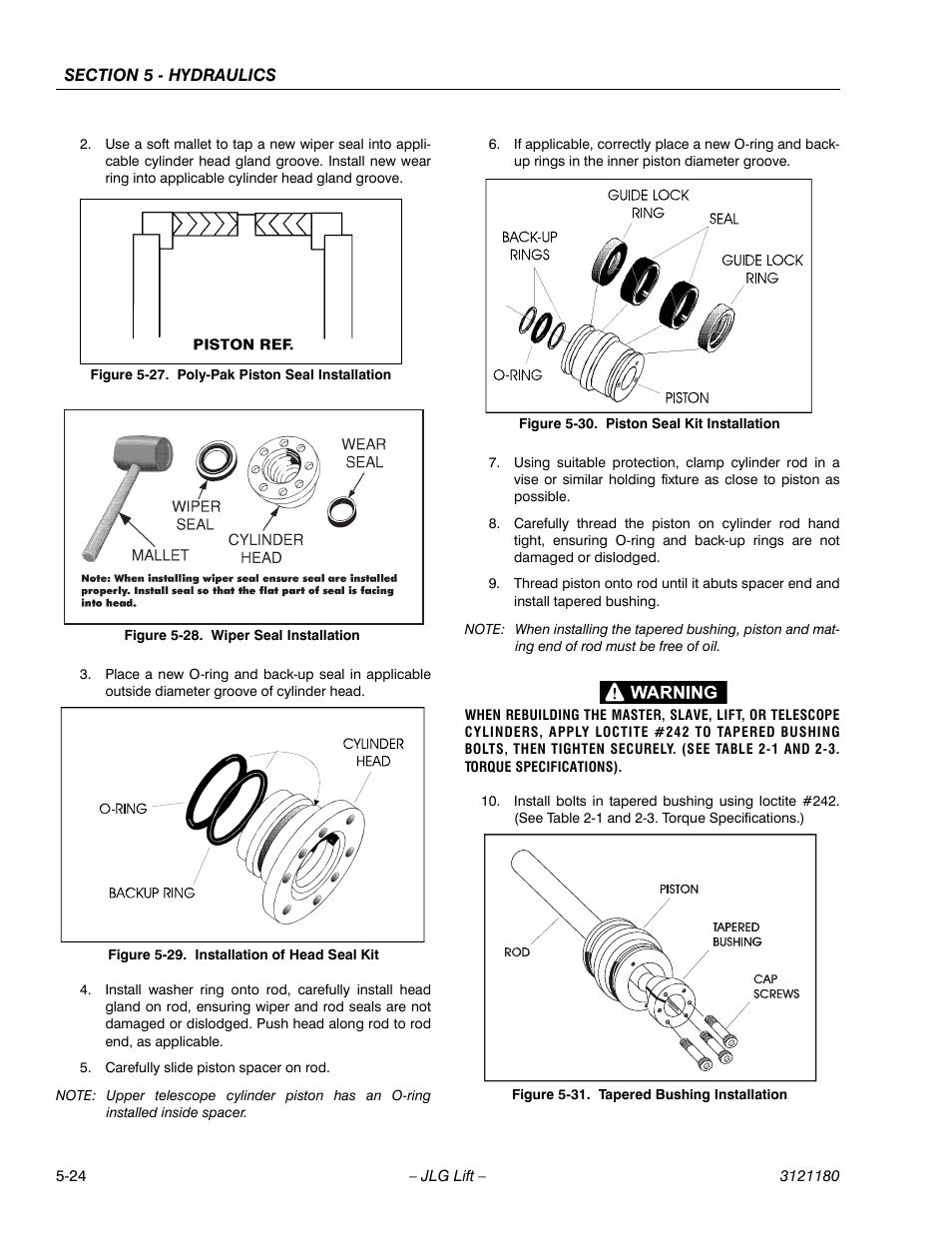 Poly-pak piston seal installation -24, Wiper seal installation -24, Installation of head seal kit -24 | Piston seal kit installation -24, Tapered bushing installation -24 | JLG 450A_AJ Series II Service Manual User Manual | Page 314 / 472