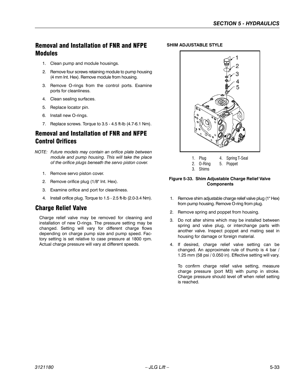 Removal and installation of fnr and nfpe modules, Charge relief valve, Shim adjustable charge relief valve components -33 | JLG 450A_AJ Series II Service Manual User Manual | Page 323 / 472
