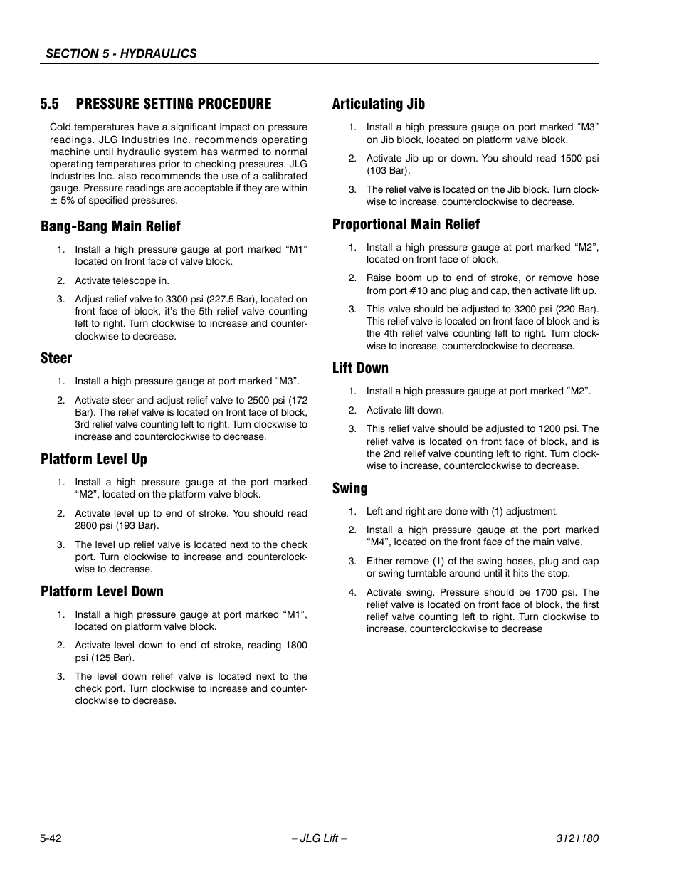 5 pressure setting procedure, Bang-bang main relief, Steer | Platform level up, Platform level down, Articulating jib, Proportional main relief, Lift down, Swing, Pressure setting procedure -42 | JLG 450A_AJ Series II Service Manual User Manual | Page 332 / 472