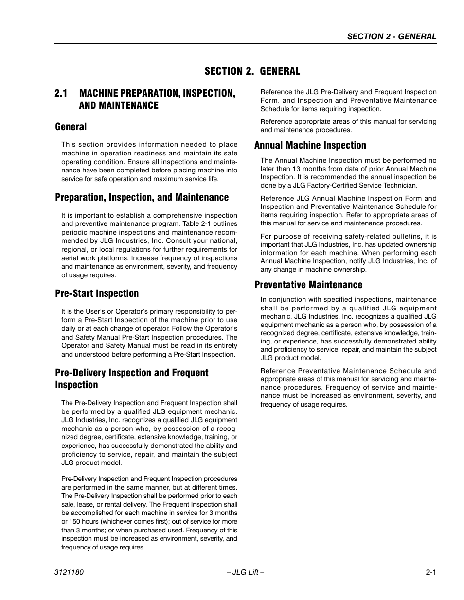 Section 2. general, General, Preparation, inspection, and maintenance | Pre-start inspection, Pre-delivery inspection and frequent inspection, Annual machine inspection, Preventative maintenance, Section 2 - general | JLG 450A_AJ Series II Service Manual User Manual | Page 37 / 472