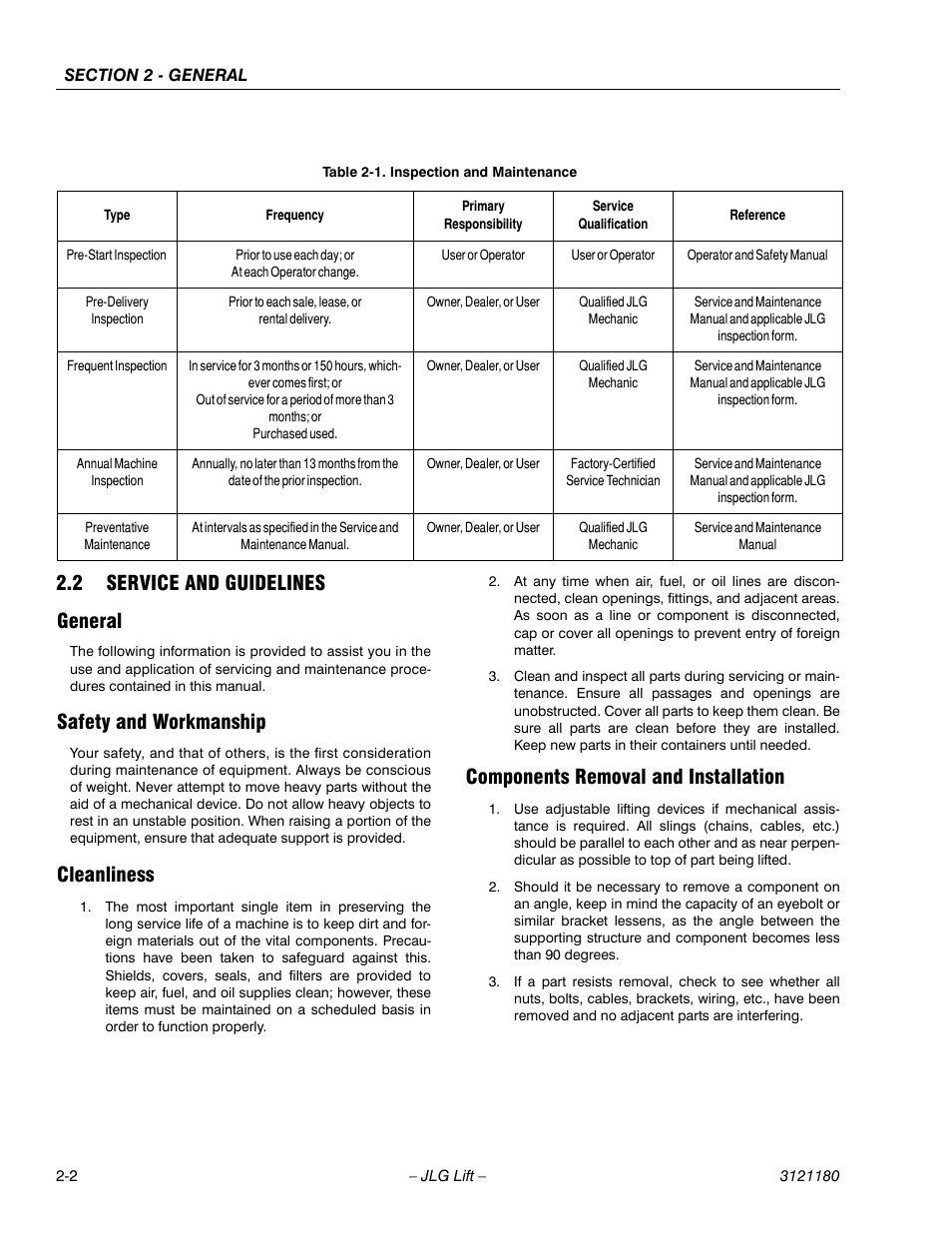 2 service and guidelines, General, Safety and workmanship | Cleanliness, Components removal and installation, Service and guidelines -2, Inspection and maintenance -2, 2 service and guidelines general | JLG 450A_AJ Series II Service Manual User Manual | Page 38 / 472