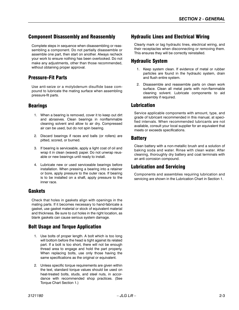 Component disassembly and reassembly, Pressure-fit parts, Bearings | Gaskets, Bolt usage and torque application, Hydraulic lines and electrical wiring, Hydraulic system, Lubrication, Battery, Lubrication and servicing | JLG 450A_AJ Series II Service Manual User Manual | Page 39 / 472