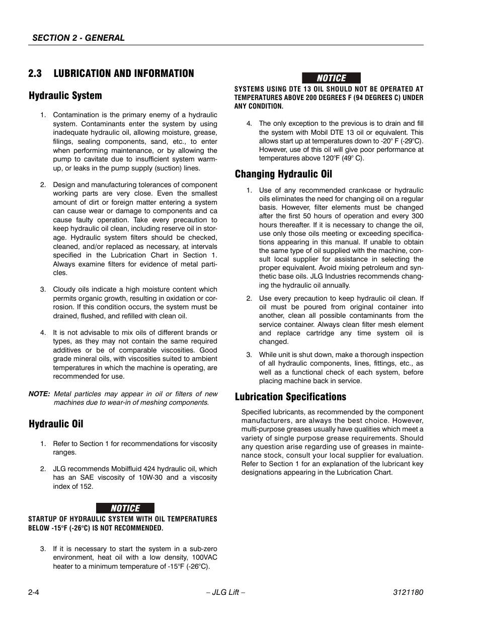 3 lubrication and information, Hydraulic system, Hydraulic oil | Changing hydraulic oil, Lubrication specifications, Lubrication and information -4, 3 lubrication and information hydraulic system | JLG 450A_AJ Series II Service Manual User Manual | Page 40 / 472