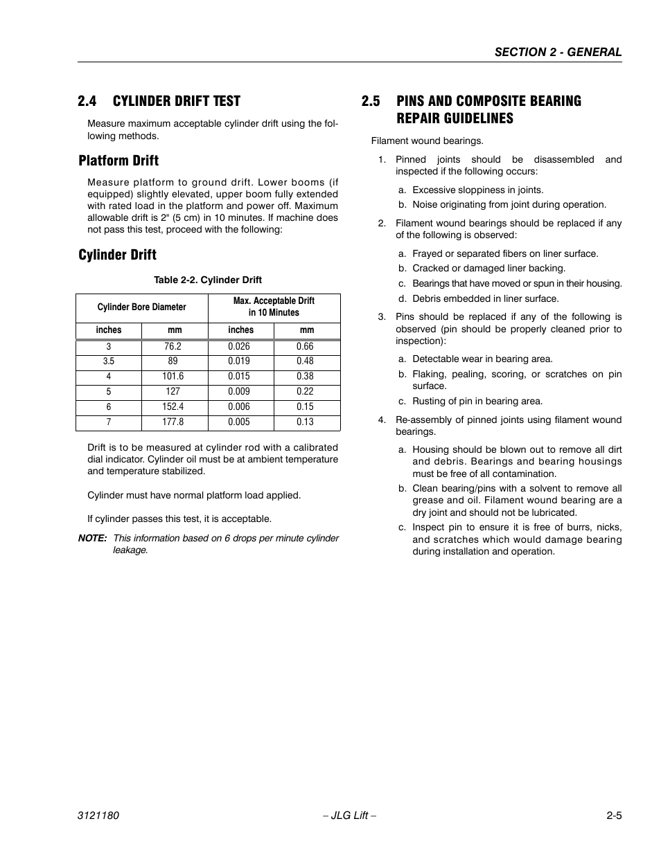 4 cylinder drift test, Platform drift, Cylinder drift | 5 pins and composite bearing repair guidelines, Cylinder drift test -5, Platform drift -5 cylinder drift -5, Pins and composite bearing repair guidelines -5, Cylinder drift -5 | JLG 450A_AJ Series II Service Manual User Manual | Page 41 / 472