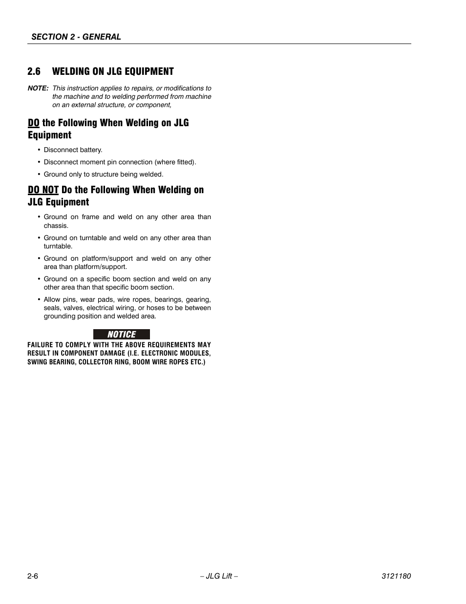 6 welding on jlg equipment, Do the following when welding on jlg equipment, Welding on jlg equipment -6 | JLG 450A_AJ Series II Service Manual User Manual | Page 42 / 472