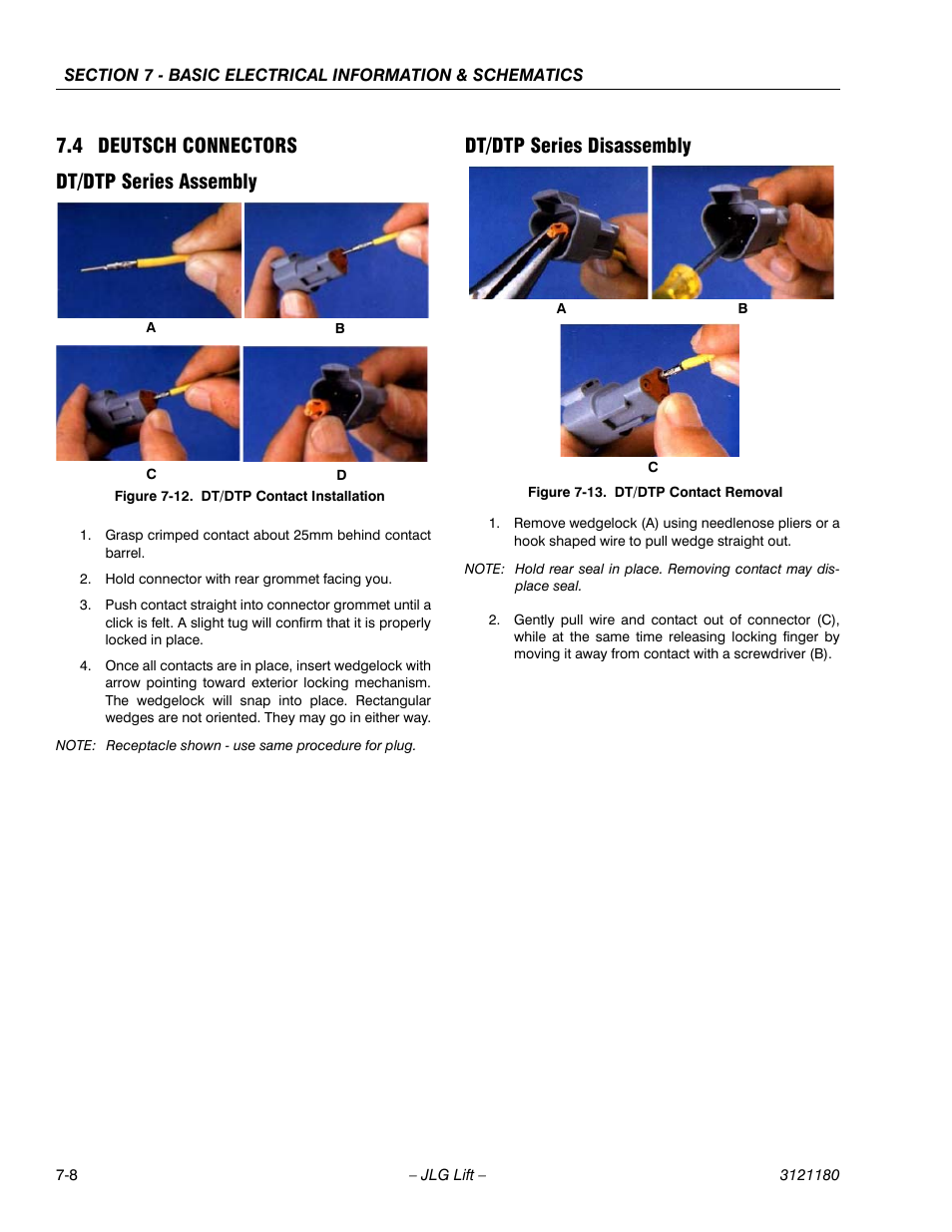 4 deutsch connectors, Dt/dtp series assembly, Dt/dtp series disassembly | Deutsch connectors -8, Dt/dtp contact installation -8, Dt/dtp contact removal -8, 4 deutsch connectors dt/dtp series assembly | JLG 450A_AJ Series II Service Manual User Manual | Page 424 / 472