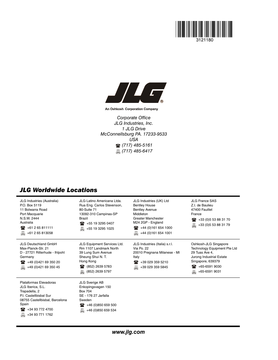 Jlg worldwide locations | JLG 450A_AJ Series II Service Manual User Manual | Page 472 / 472