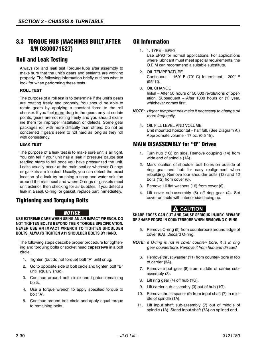 3 torque hub (machines built after s/n 0300071527), Roll and leak testing, Tightening and torquing bolts | Oil information, Main disassembly for “b” drives | JLG 450A_AJ Series II Service Manual User Manual | Page 80 / 472