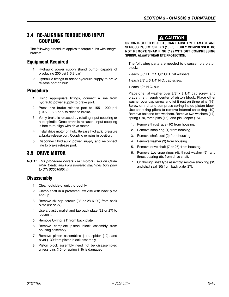 4 re-aligning torque hub input coupling, Equipment required, Procedure | 5 drive motor, Disassembly, Re-aligning torque hub input coupling -43, Equipment required -43 procedure -43, Drive motor -43, Disassembly -43 | JLG 450A_AJ Series II Service Manual User Manual | Page 93 / 472