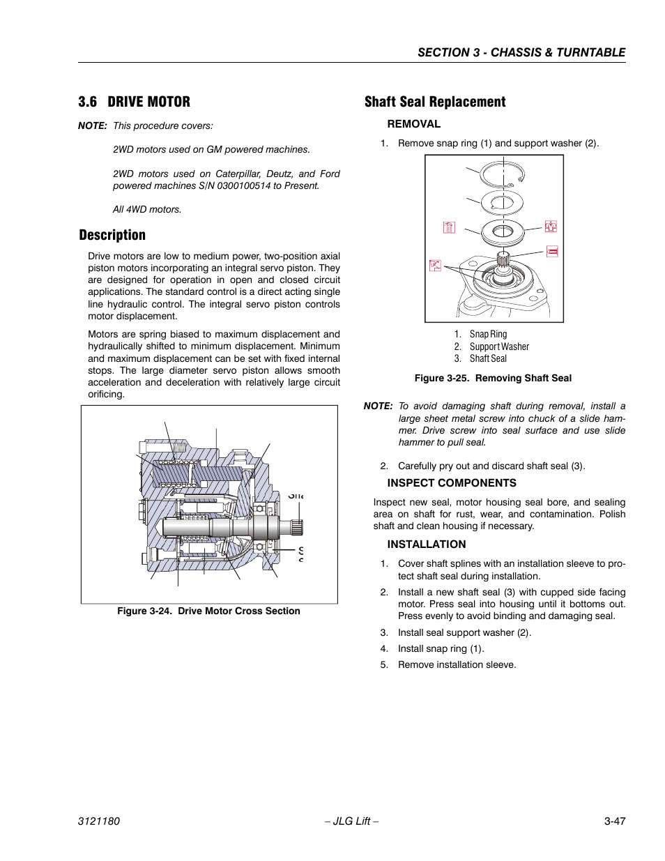 6 drive motor, Description, Shaft seal replacement | Drive motor -47, Description -47 shaft seal replacement -47, Drive motor cross section -47, Removing shaft seal -47 | JLG 450A_AJ Series II Service Manual User Manual | Page 97 / 472