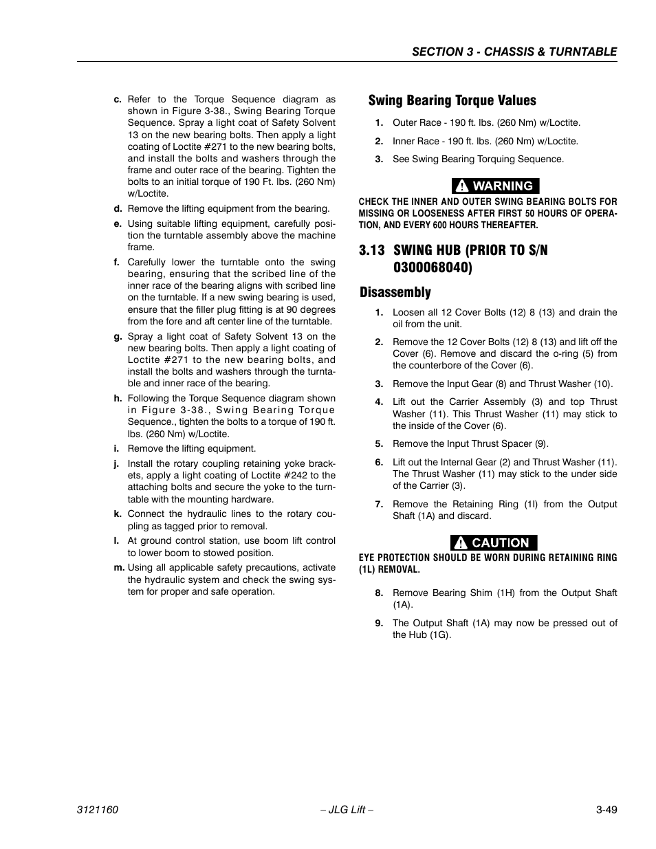 Swing bearing torque values, 13 swing hub (prior to s/n 0300068040), Disassembly | Swing bearing torque values -49, Swing hub (prior to s/n 0300068040) -49, Disassembly -49 | JLG 740AJ Service Manual User Manual | Page 101 / 408