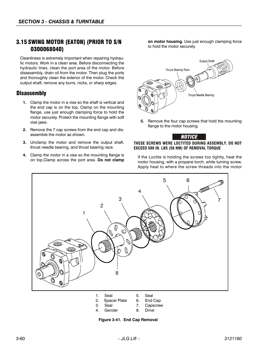 15 swing motor (eaton) (prior to s/n 0300068040), Disassembly, Swing motor (eaton) (prior to s/n 0300068040) -60 | Disassembly -60, End cap removal -60 | JLG 740AJ Service Manual User Manual | Page 112 / 408