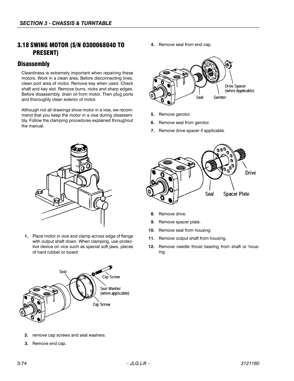 18 swing motor (s/n 0300068040 to present), Disassembly, Swing motor (s/n 0300068040 to present) -74 | Disassembly -74 | JLG 740AJ Service Manual User Manual | Page 126 / 408