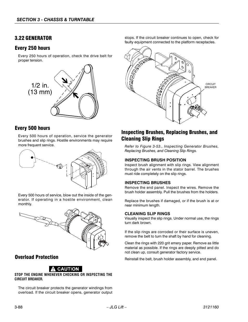 22 generator, Every 250 hours, Every 500 hours | Overload protection, Generator -88, 1/2 in. (13 mm) | JLG 740AJ Service Manual User Manual | Page 140 / 408