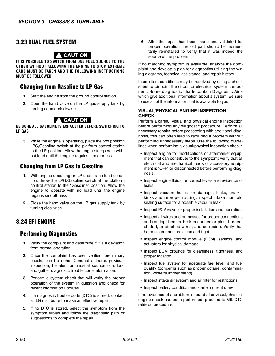 23 dual fuel system, Changing from gasoline to lp gas, Changing from lp gas to gasoline | 24 efi engine, Performing diagnostics, Dual fuel system -90, Efi engine -90, Performing diagnostics -90, 24 efi engine performing diagnostics | JLG 740AJ Service Manual User Manual | Page 142 / 408