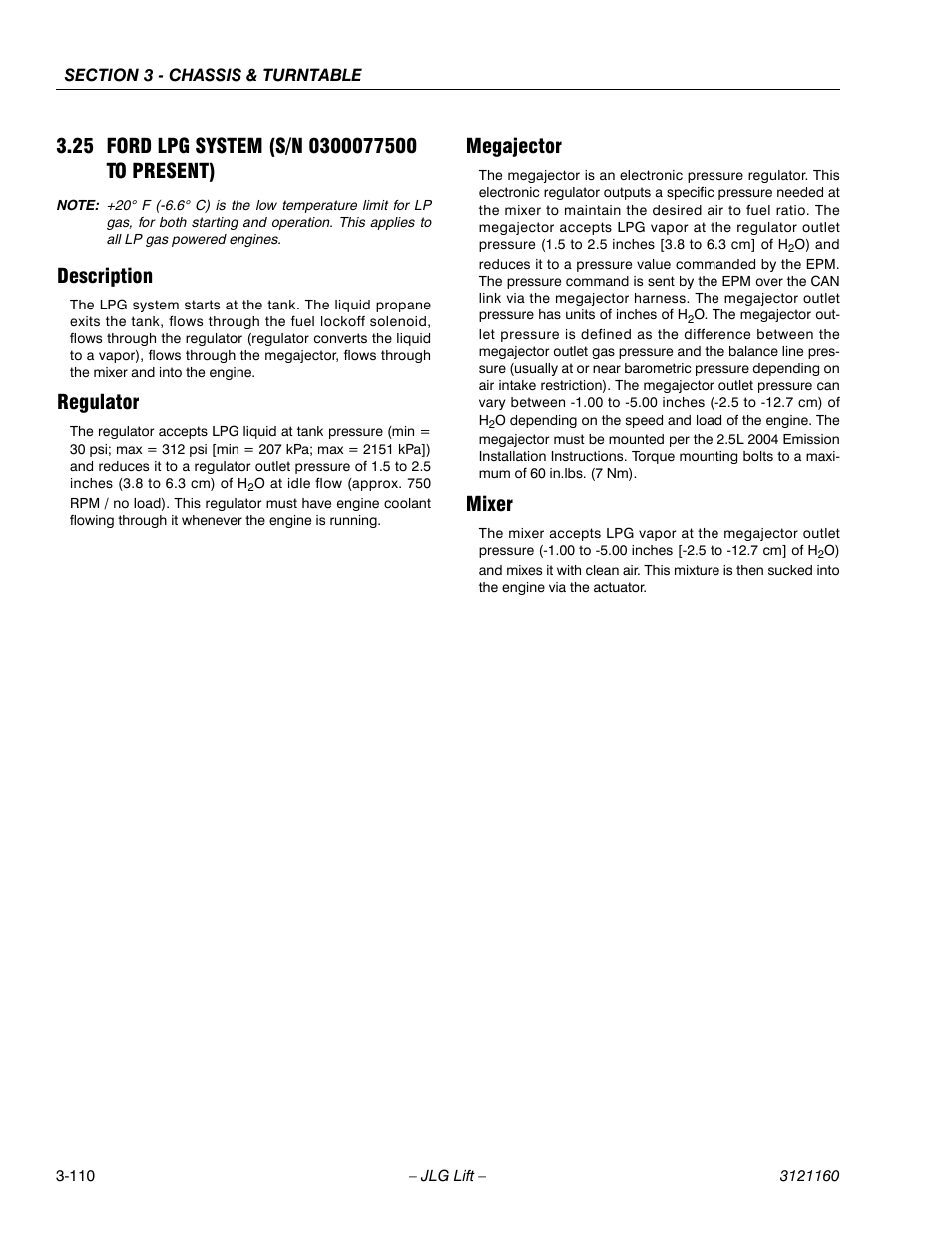 25 ford lpg system (s/n 0300077500 to present), Description, Regulator | Megajector, Mixer, Ford lpg system (s/n 0300077500 to present) -110 | JLG 740AJ Service Manual User Manual | Page 162 / 408