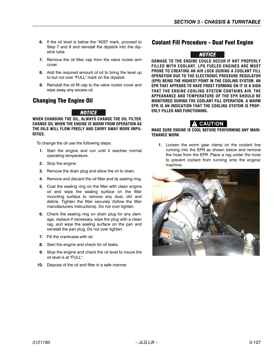 Changing the engine oil, Coolant fill procedure - dual fuel engine | JLG 740AJ Service Manual User Manual | Page 179 / 408