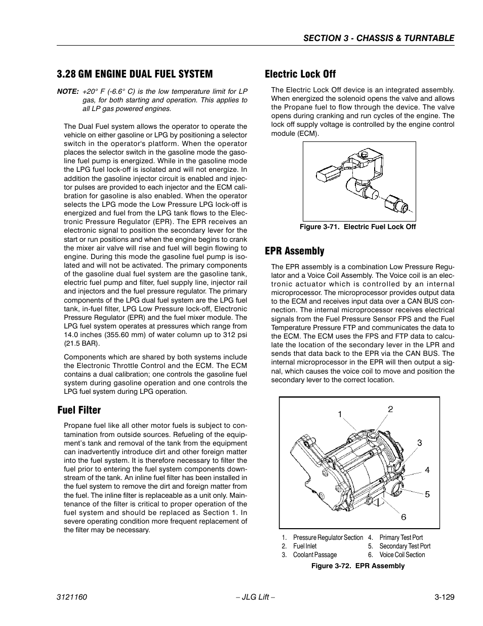 28 gm engine dual fuel system, Fuel filter, Electric lock off | Epr assembly, Gm engine dual fuel system -129, Electric fuel lock off -129, Epr assembly -129 | JLG 740AJ Service Manual User Manual | Page 181 / 408