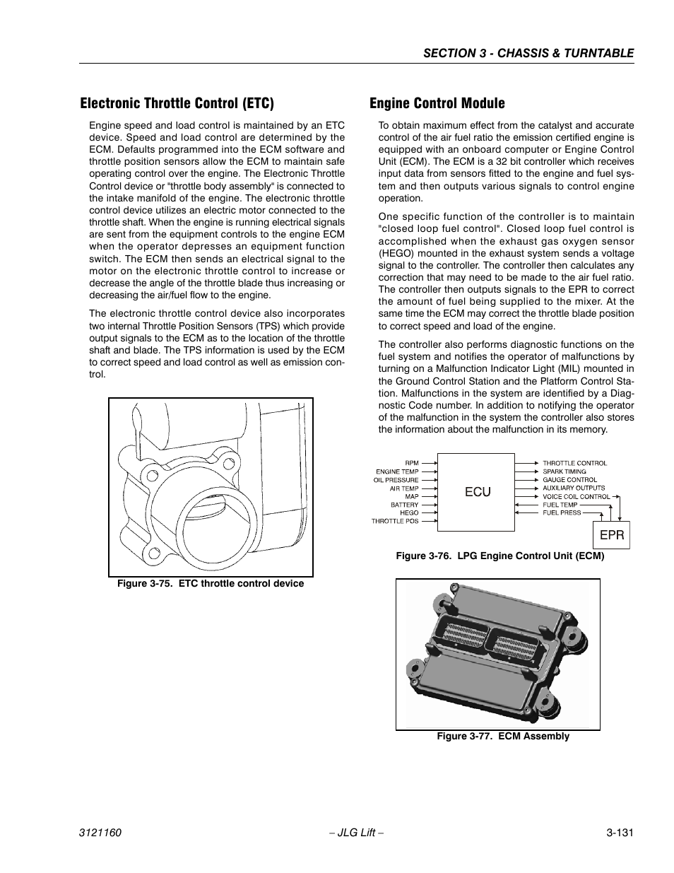 Electronic throttle control (etc), Engine control module, Etc throttle control device -131 | Lpg engine control unit (ecm) -131, Ecm assembly -131 | JLG 740AJ Service Manual User Manual | Page 183 / 408