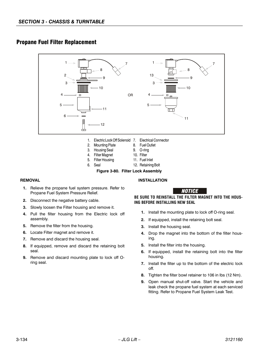 Propane fuel filter replacement, Propane fuel filter replacement -134, Filter lock assembly -134 | JLG 740AJ Service Manual User Manual | Page 186 / 408