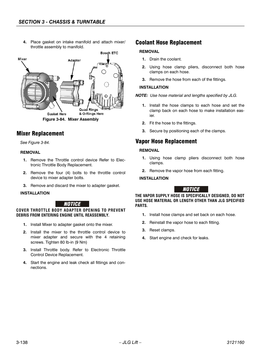 Mixer replacement, Coolant hose replacement, Vapor hose replacement | Mixer assembly -138 | JLG 740AJ Service Manual User Manual | Page 190 / 408