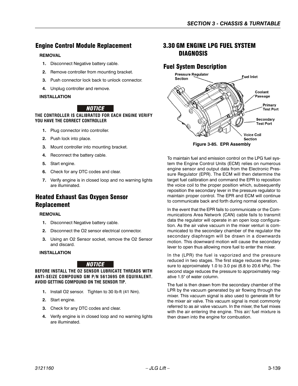 Engine control module replacement, Heated exhaust gas oxygen sensor replacement, 30 gm engine lpg fuel system diagnosis | Fuel system description, Gm engine lpg fuel system diagnosis -139, Fuel system description -139, Epr assembly -139 | JLG 740AJ Service Manual User Manual | Page 191 / 408