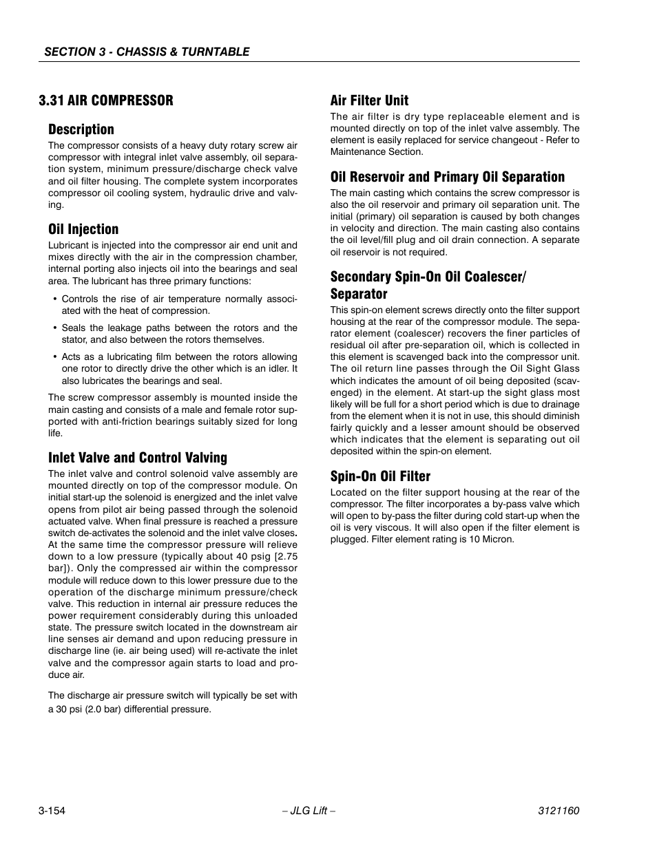 31 air compressor, Description, Oil injection | Inlet valve and control valving, Air filter unit, Oil reservoir and primary oil separation, Secondary spin-on oil coalescer/ separator, Spin-on oil filter, Air compressor -154, 31 air compressor description | JLG 740AJ Service Manual User Manual | Page 206 / 408