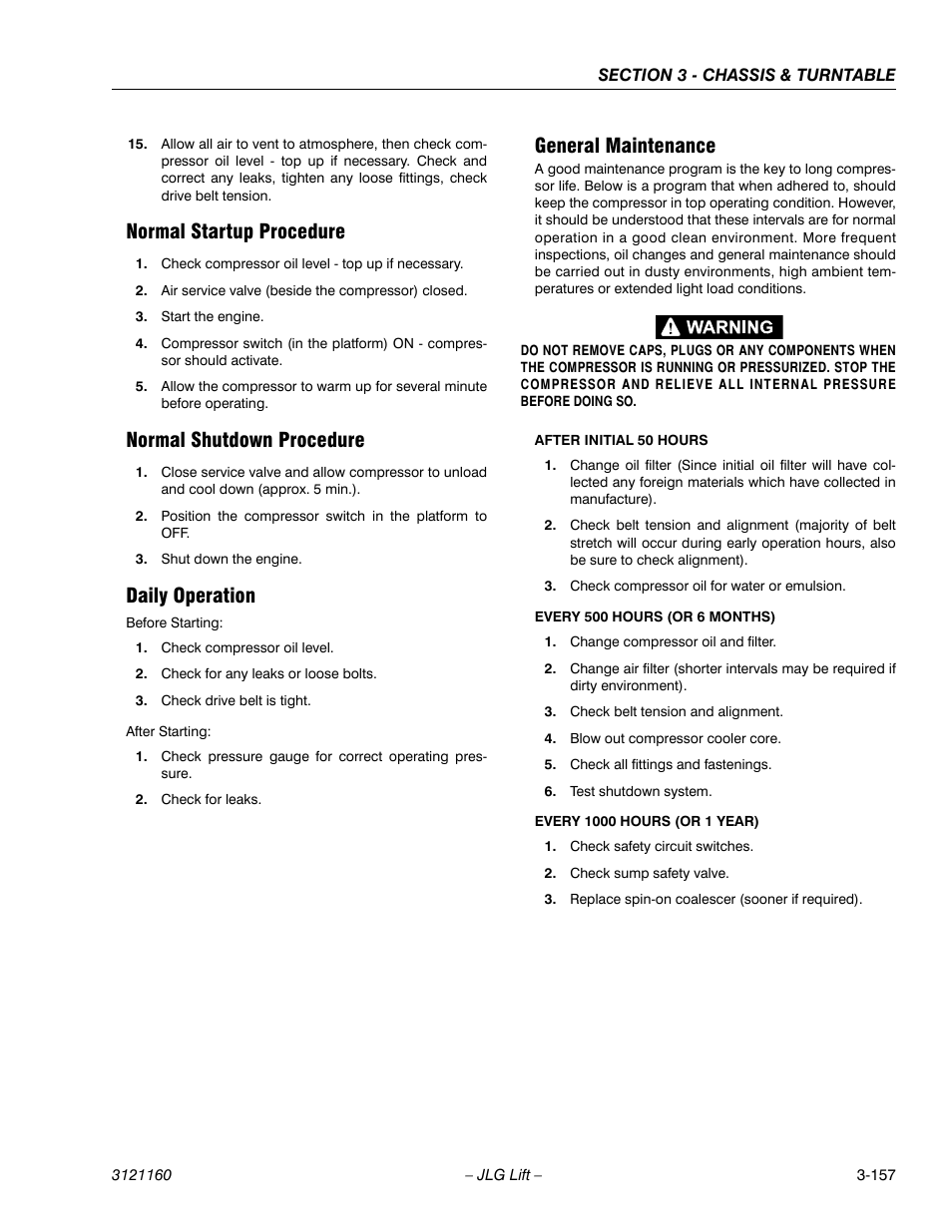 Normal startup procedure, Normal shutdown procedure, Daily operation | General maintenance | JLG 740AJ Service Manual User Manual | Page 209 / 408