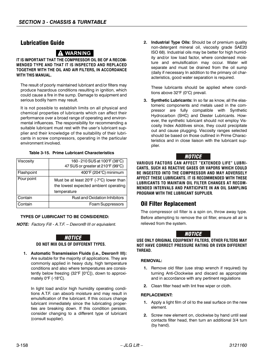 Lubrication guide, Oil filter replacement, Lubrication guide -158 oil filter replacement -158 | Prime lubricant characteristics -158 | JLG 740AJ Service Manual User Manual | Page 210 / 408