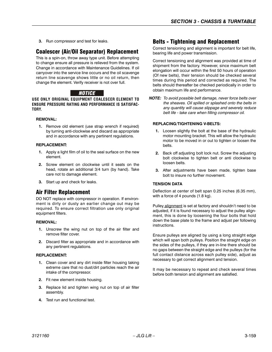 Coalescer (air/oil separator) replacement, Air filter replacement, Belts - tightening and replacement | JLG 740AJ Service Manual User Manual | Page 211 / 408