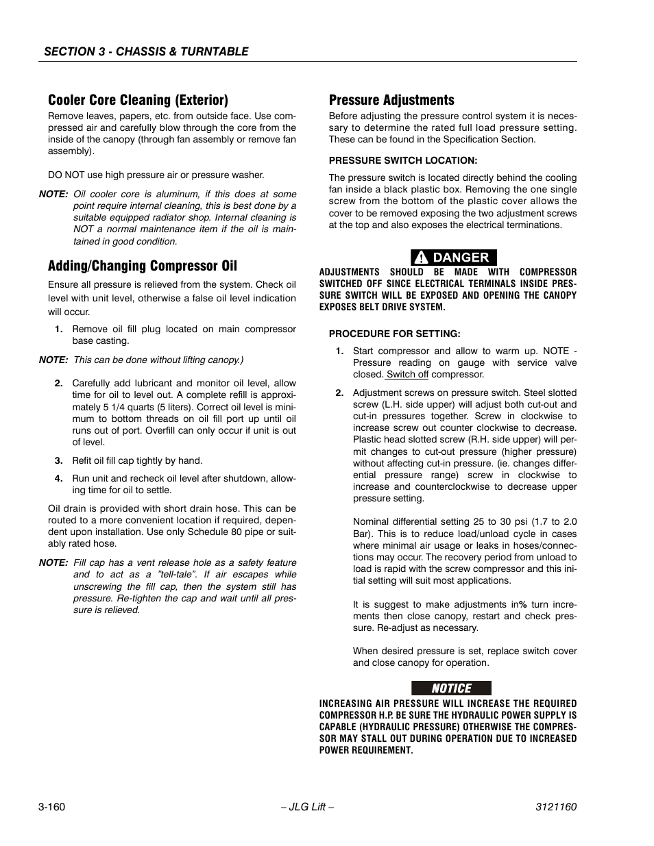 Cooler core cleaning (exterior), Adding/changing compressor oil, Pressure adjustments | Cooler core cleaning (exterior) -160 | JLG 740AJ Service Manual User Manual | Page 212 / 408