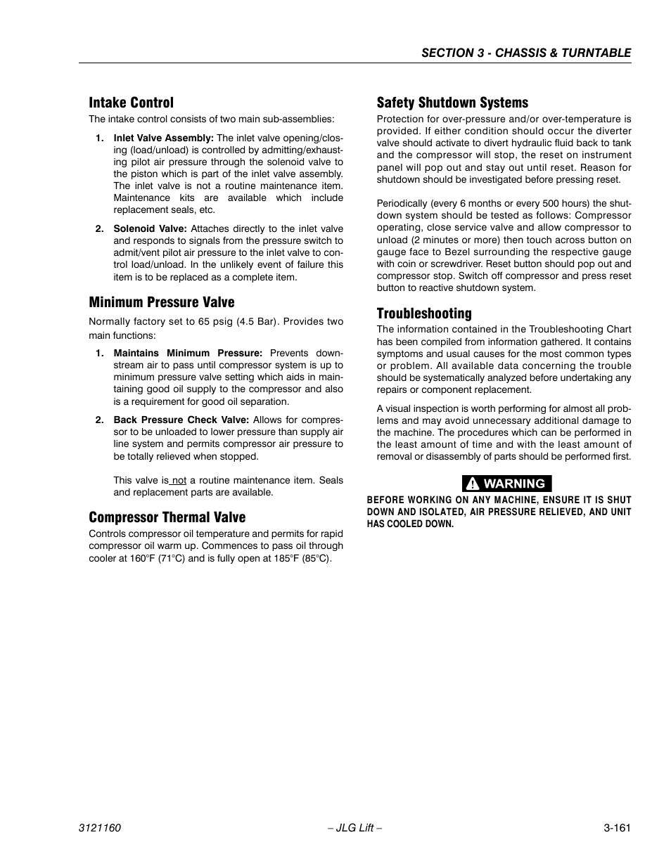 Intake control, Minimum pressure valve, Compressor thermal valve | Safety shutdown systems, Troubleshooting | JLG 740AJ Service Manual User Manual | Page 213 / 408