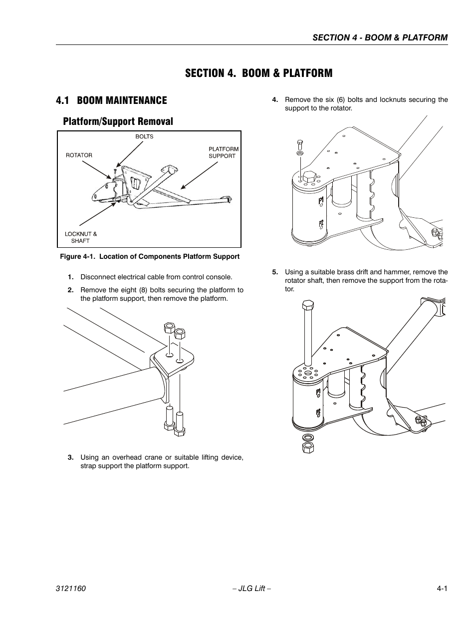 Section 4. boom & platform, 1 boom maintenance, Platform/support removal | Section 4 - boom & platform, Boom maintenance -1, Platform/support removal -1, Location of components platform support -1, 1 boom maintenance platform/support removal | JLG 740AJ Service Manual User Manual | Page 217 / 408