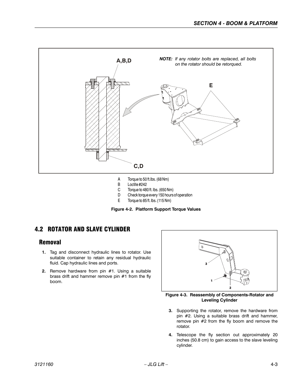 2 rotator and slave cylinder, Removal, Rotator and slave cylinder -3 | Removal -3, Platform support torque values -3, 2 rotator and slave cylinder removal | JLG 740AJ Service Manual User Manual | Page 219 / 408
