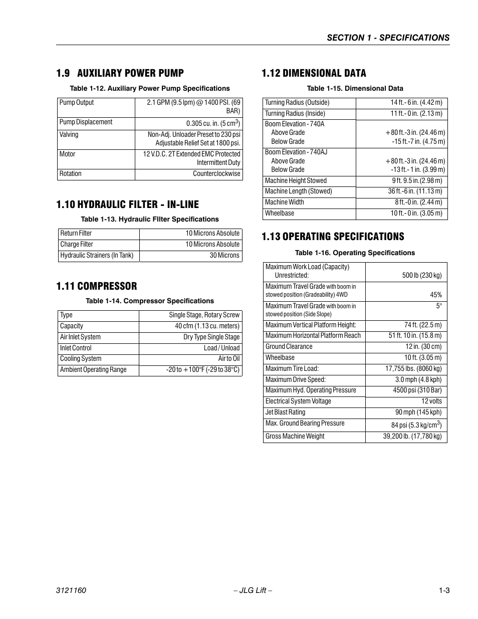 9 auxiliary power pump, 10 hydraulic filter - in-line, 11 compressor | 12 dimensional data, 13 operating specifications, Auxiliary power pump -3, Hydraulic filter - in-line -3, Compressor -3, Dimensional data -3, Operating specifications -3 | JLG 740AJ Service Manual User Manual | Page 23 / 408