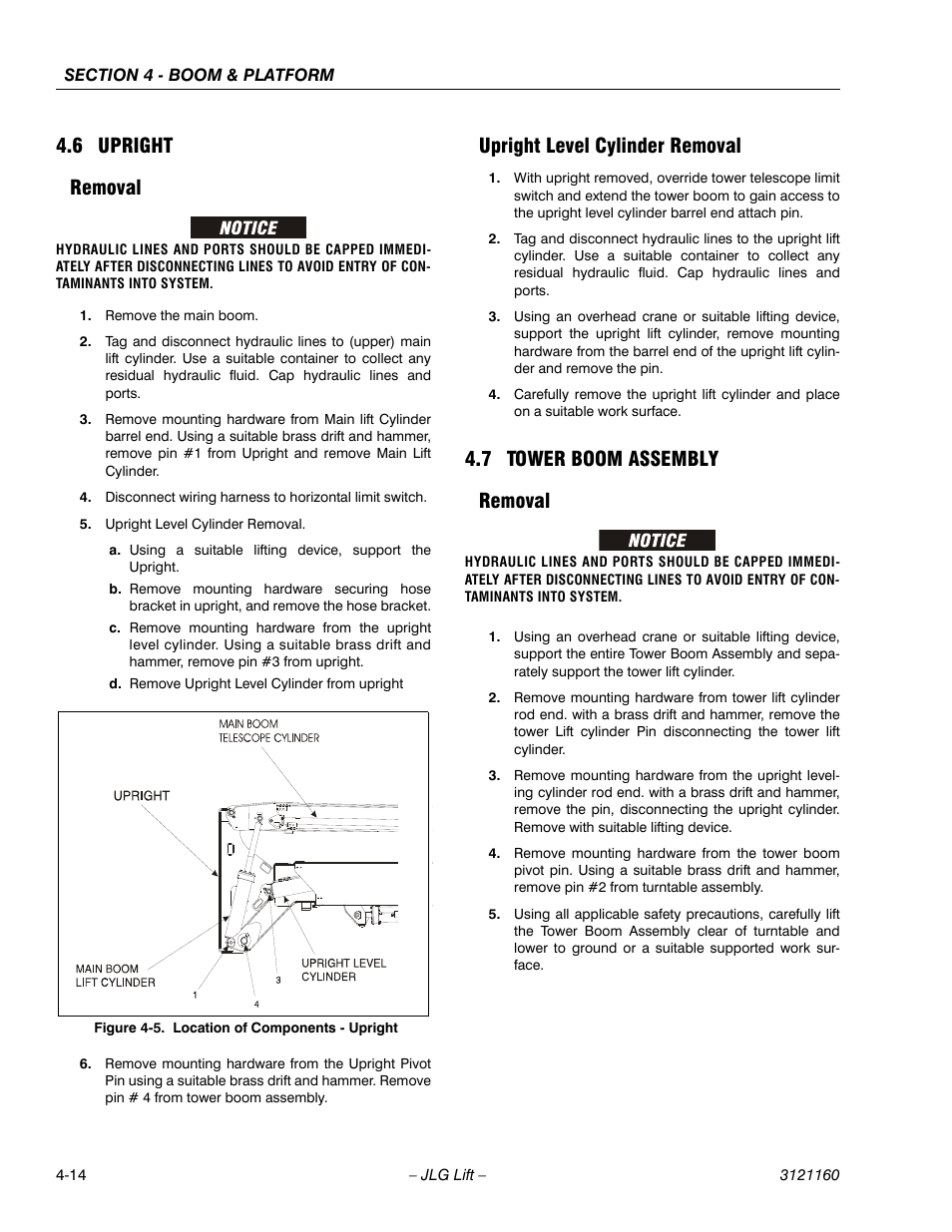 6 upright, Removal, Upright level cylinder removal | 7 tower boom assembly, Upright -14, Removal -14 upright level cylinder removal -14, Tower boom assembly -14, Removal -14, Location of components - upright -14, 6 upright removal | JLG 740AJ Service Manual User Manual | Page 230 / 408