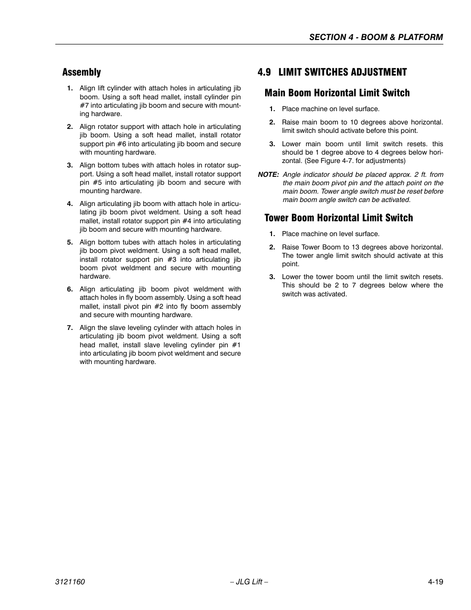 Assembly, 9 limit switches adjustment, Main boom horizontal limit switch | Tower boom horizontal limit switch, Assembly -19, Limit switches adjustment -19 | JLG 740AJ Service Manual User Manual | Page 235 / 408